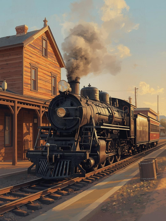 Paint by Number Majestic Steam Engine Among Western Saloons – Frontier Scene Paint by Number Canvas Kit