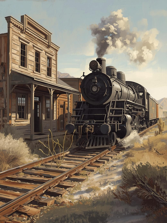 Paint by Number Classic Train Through a Forgotten Gold Rush Town – Historic Western Acrylic Paint by Number Kit