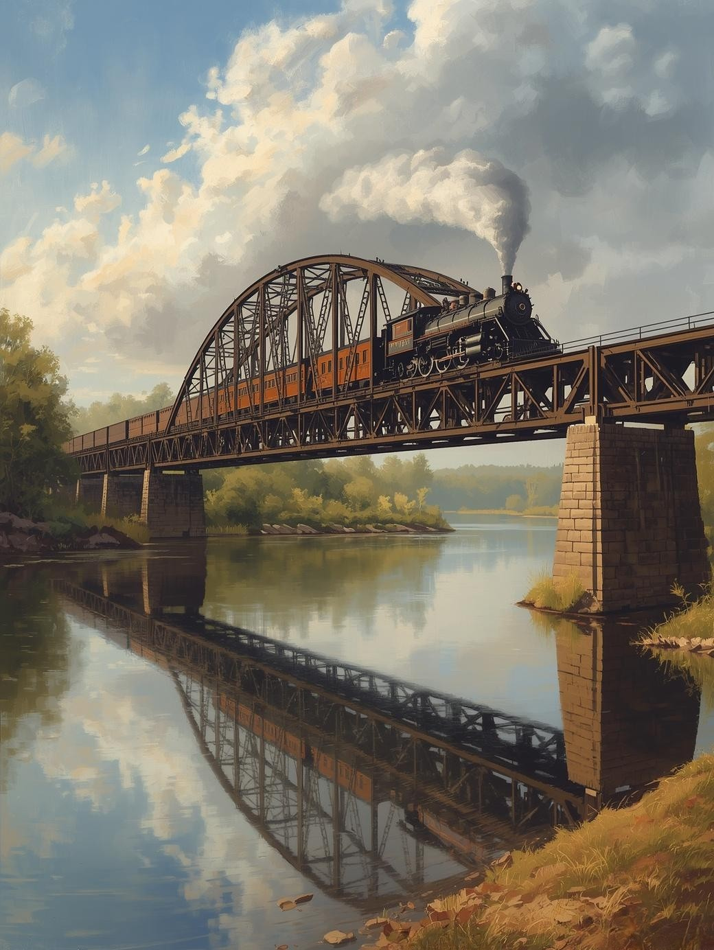 Paint by Number Steam Train Crossing a Majestic Iron Bridge – Classic Engineering Canvas DIY Kit for Adults