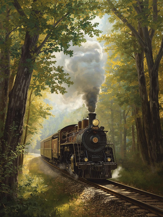 Paint by Number Vintage Locomotive in Lush Woods – Forest Railway Scene Canvas DIY Kit for Adults