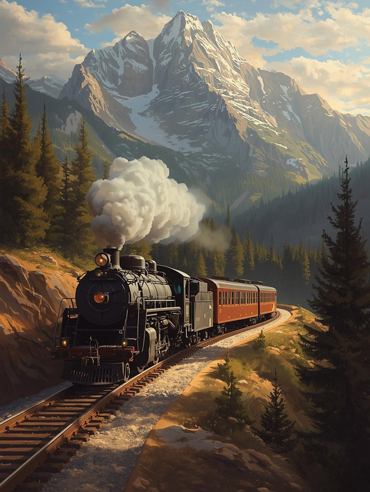 Paint by Number Steam Train Climbing Mountain Peaks – High Elevation Acrylic Paint by Number Kit