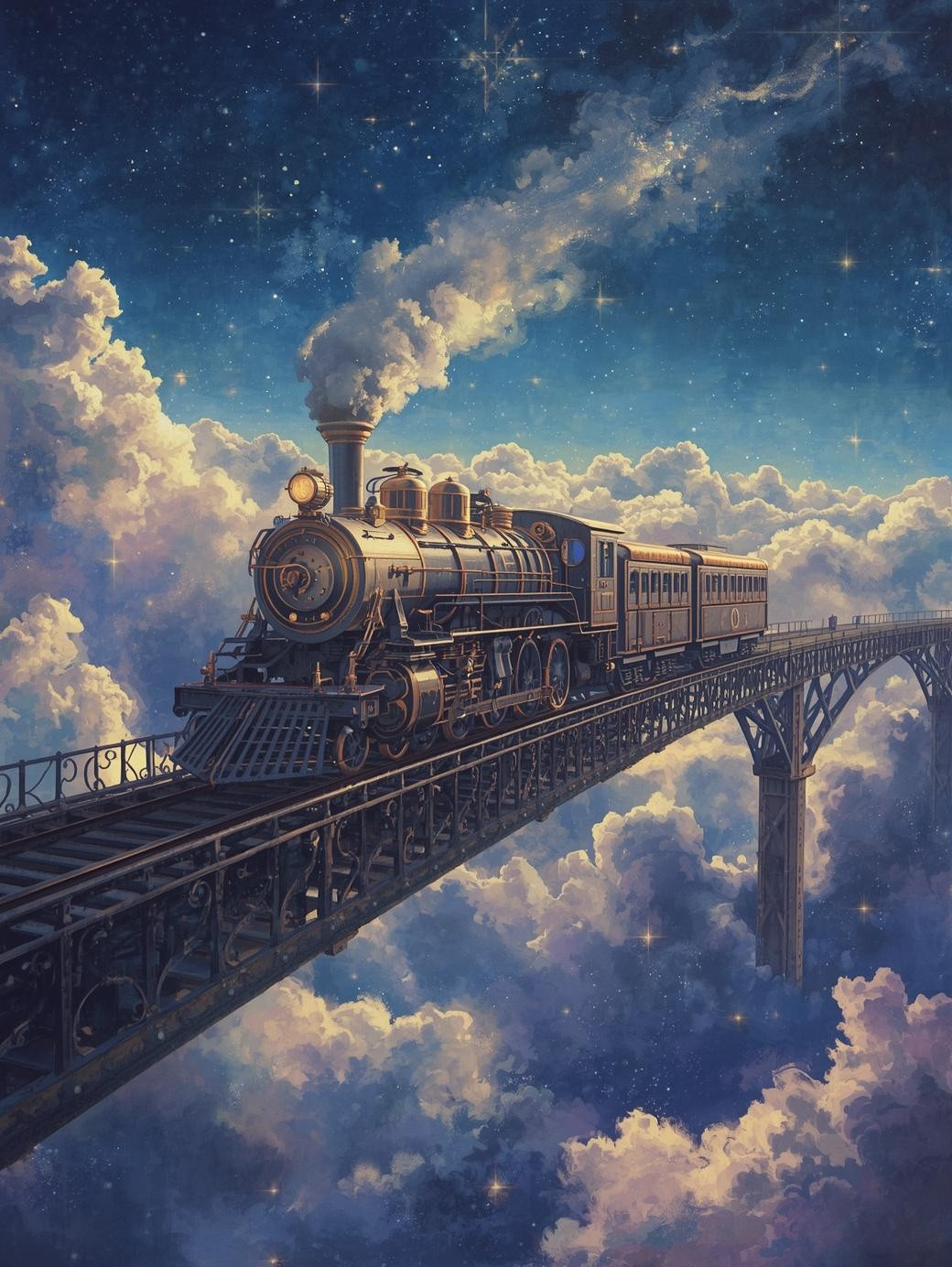 Paint by Number Majestic Steam Engine Crossing a Celestial Bridge Through the Clouds – Fantasy Sky DIY Paint Kit for Adults