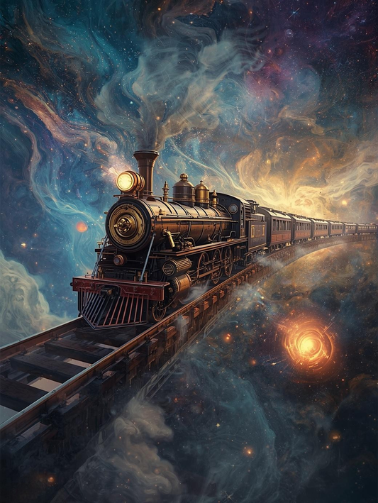 Paint by Number Vintage Locomotive Beneath a Cosmic Sky of Stars and Nebulae – Galaxy Dream Canvas DIY Kit for Adults