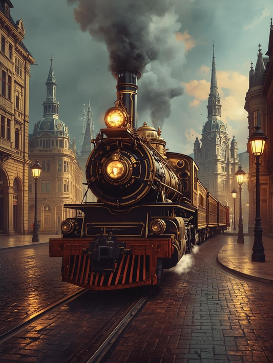 Paint by Number Vintage Train Moving Through a Lantern-Lit Victorian Night – Atmospheric Railway Canvas DIY Kit for Adults
