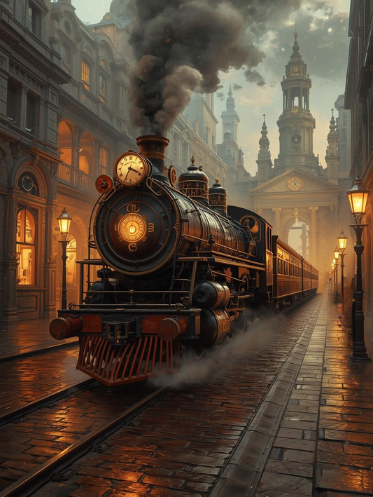 Paint by Number Legendary Steam Engine in a Romantic Victorian City Scene – Elegant Scene Acrylic Paint by Number Kit