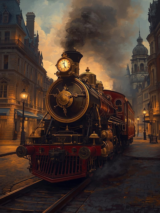 Paint by Number Majestic Steam Engine in a Historic Victorian Cityscape – Timeless Railway Paint by Number Canvas Kit