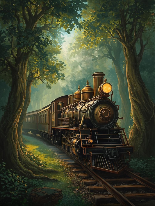 Paint by Number Majestic Steam Engine Among Trees – Forest Scene Canvas DIY Kit for Adults