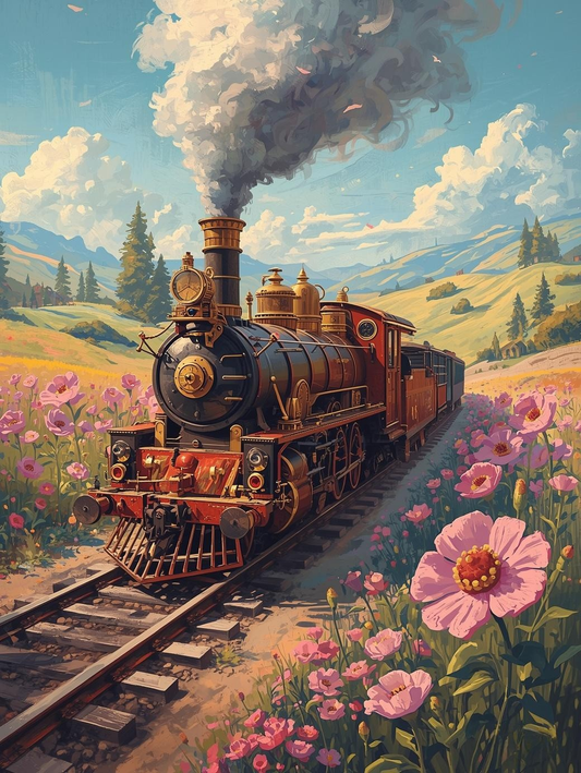 Paint by Number Locomotive Through Blooming Meadows – Spring Railway Canvas DIY Kit for Adults