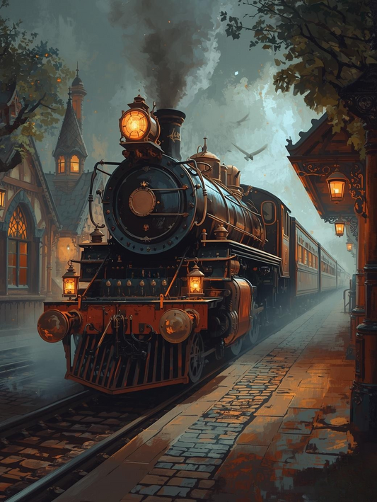 Paint by Number Vintage Locomotive Passing Cozy Cottages in a Lantern-Lit Victorian Village – Cozy Night Canvas DIY Kit for Adults