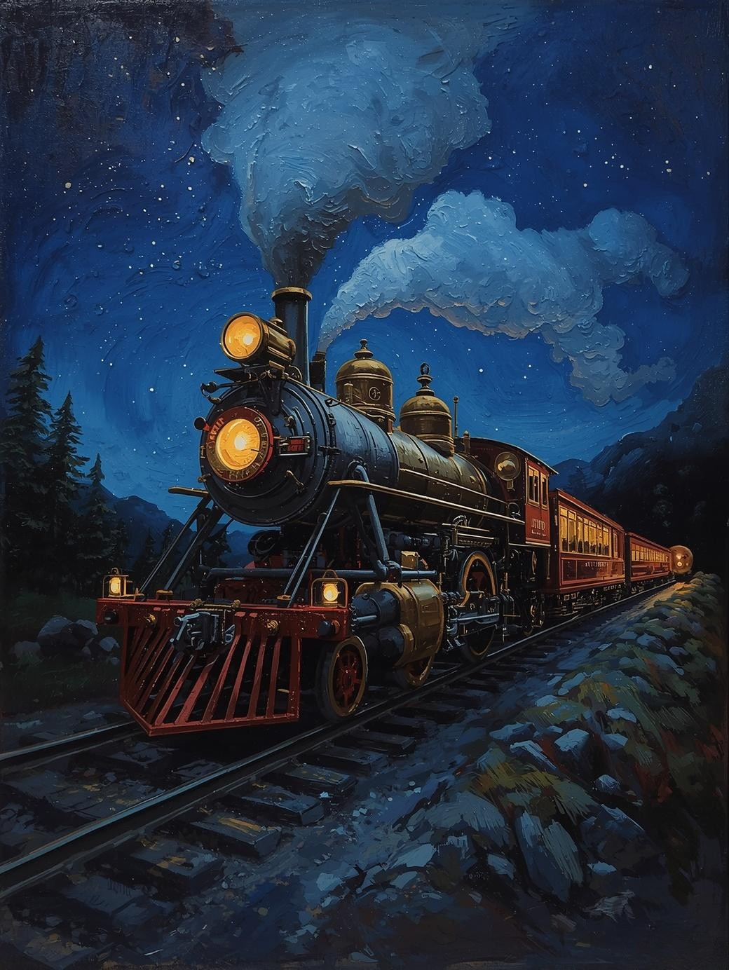 Paint by Number Steam Train Gliding Through the Night – Peaceful Evening Acrylic Paint by Number Kit