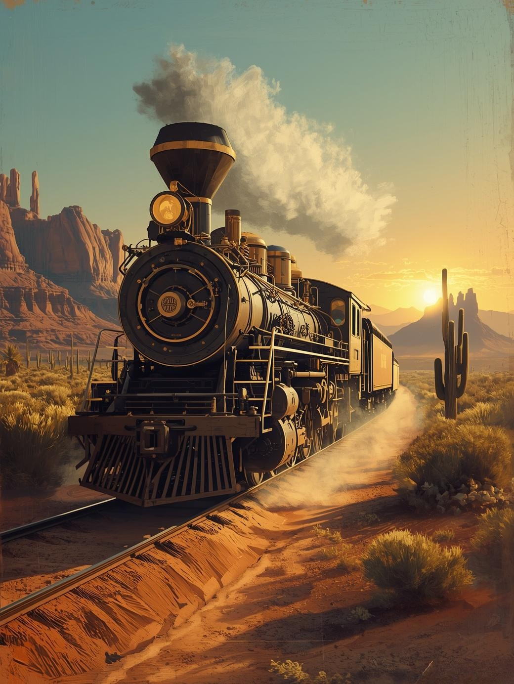 Paint by Number Vintage Steam Locomotive in Desert at Sunset – Classic Western Acrylic Paint by Number Kit