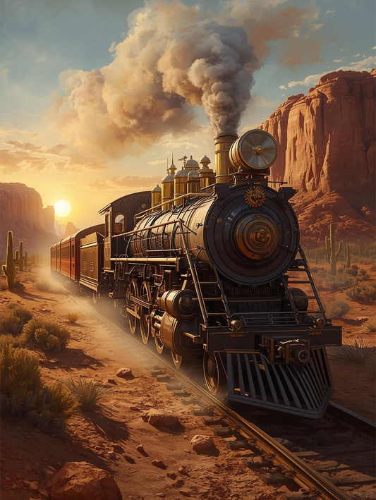 Paint by Number Steam Engine in Desert Sunset – Warm Horizon Paint by Number Canvas Kit