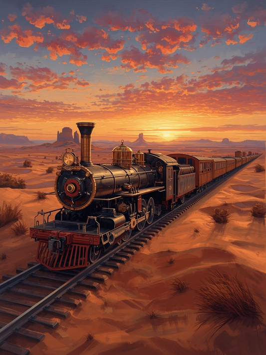 Paint by Number Desert Dusk Steam Locomotive – Sunset Desert Canvas DIY Kit for Adults