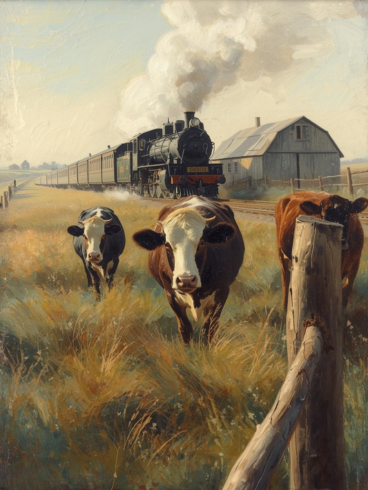 Paint by Number Old-Fashioned Train Passing a Rustic Barn and Cattle Pastures – Farm Life DIY Paint Kit for Adults