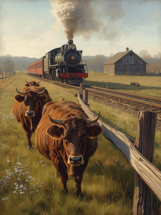 Paint by Number Classic Train Rolling Through a Country Farm with Grazing Cows – Peaceful Rural Canvas DIY Kit for Adults