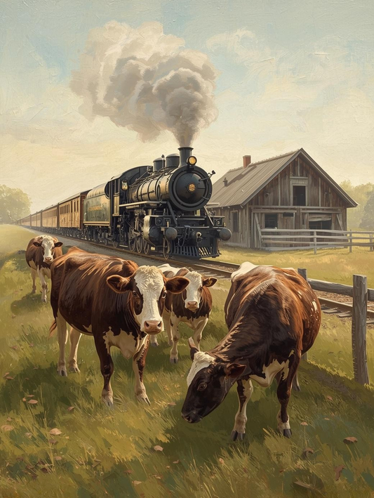 Paint by Number Old Locomotive Through Cattle Farm – Rustic Country DIY Paint Kit for Adults
