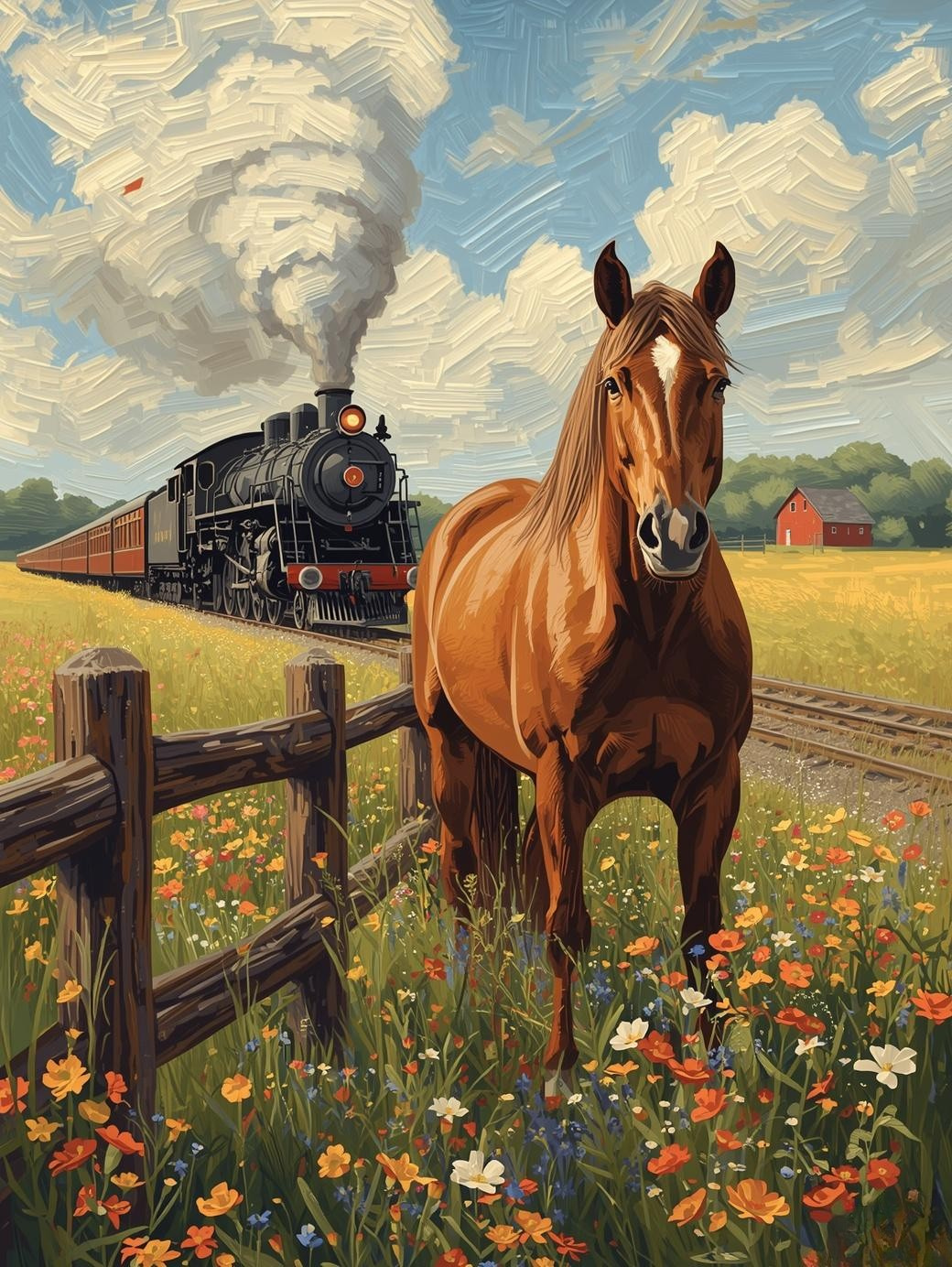 Paint by Number Vintage Locomotive CrossingPaint by Number Vintage Locomotive Crossing Farmland with Horse in the Field – Countryside Paint by Number Canvas Kit Farmland with Horse – Countryside Canvas Paint by Number Kit