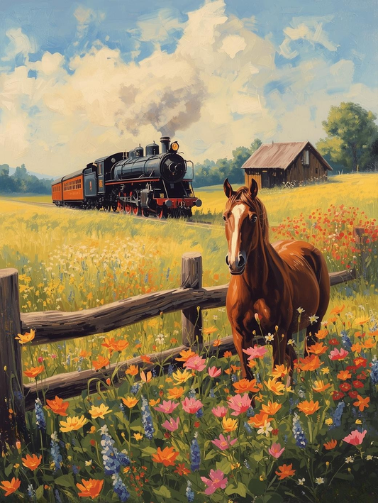 Paint by Number Train Passing Barnyard with Horse – Country Life DIY Paint Kit for Adults