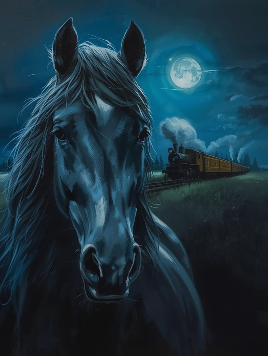 Paint by Number Horse Watching Steam Train at Night – Moody Countryside Acrylic Paint by Number Kit