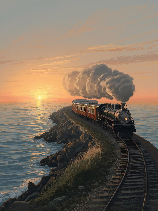 Paint by Number Vintage Locomotive Along Scenic Coast – Coastal Railway Canvas DIY Kit for Adults