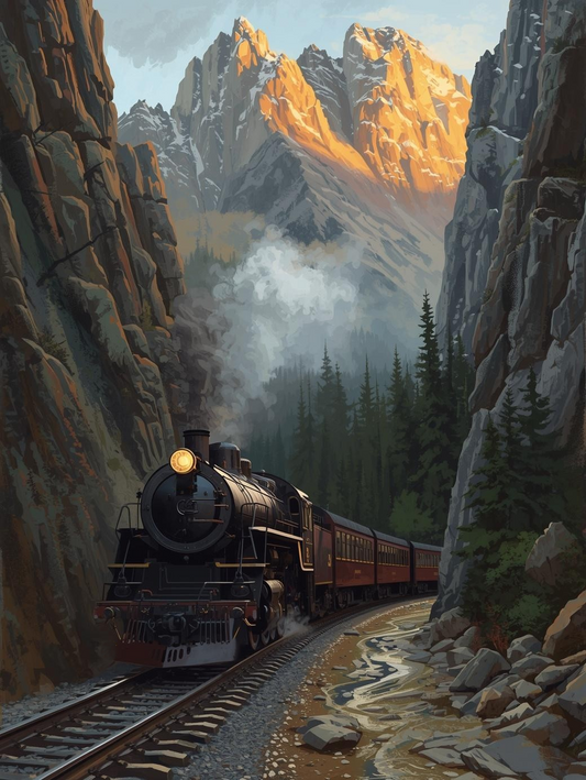 Paint by Number Old-Fashioned Train Through Mountain Pass – Classic Railway DIY Paint Kit for Adults