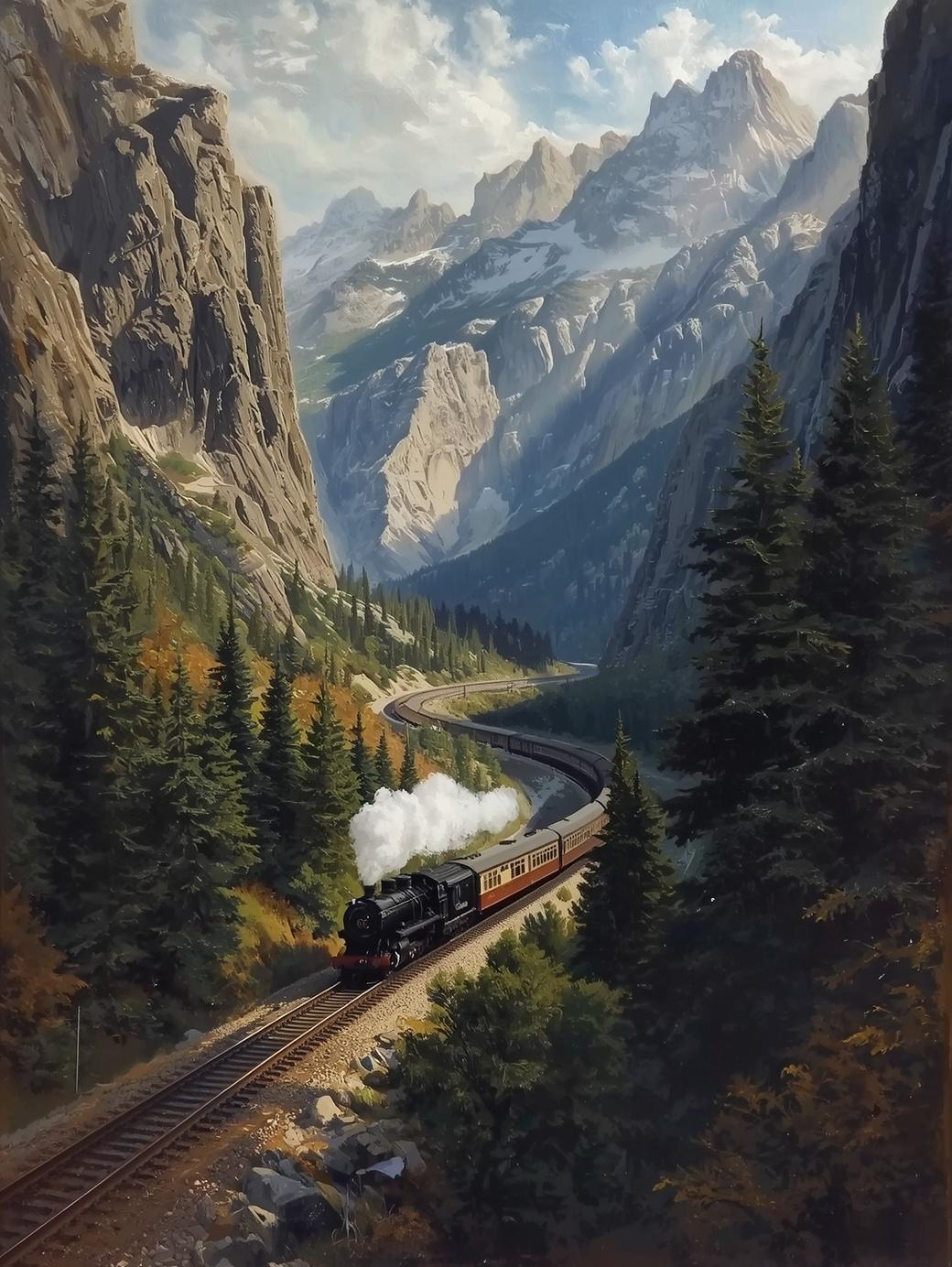 Paint by Number Majestic Steam Engine Over Rugged Mountains – Scenic Adventure Canvas DIY Kit for Adults