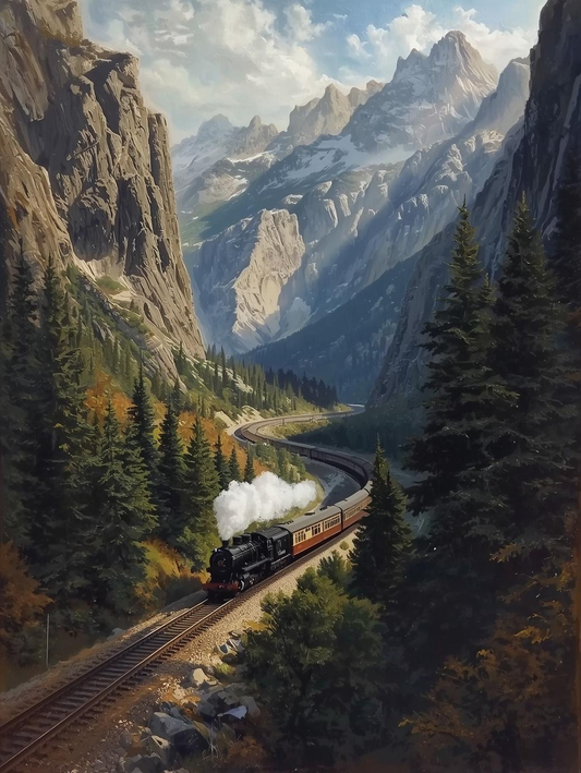 Paint by Number Majestic Steam Engine Over Rugged Mountains – Scenic Adventure Canvas DIY Kit for Adults