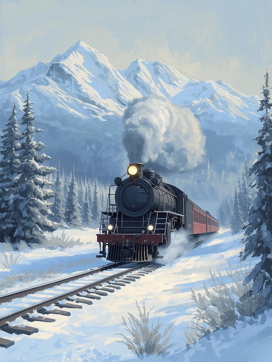 Paint by Number Majestic Steam Engine Amid Sparkling Snowy Forests – Winter Wonderland Acrylic Paint by Number Kit
