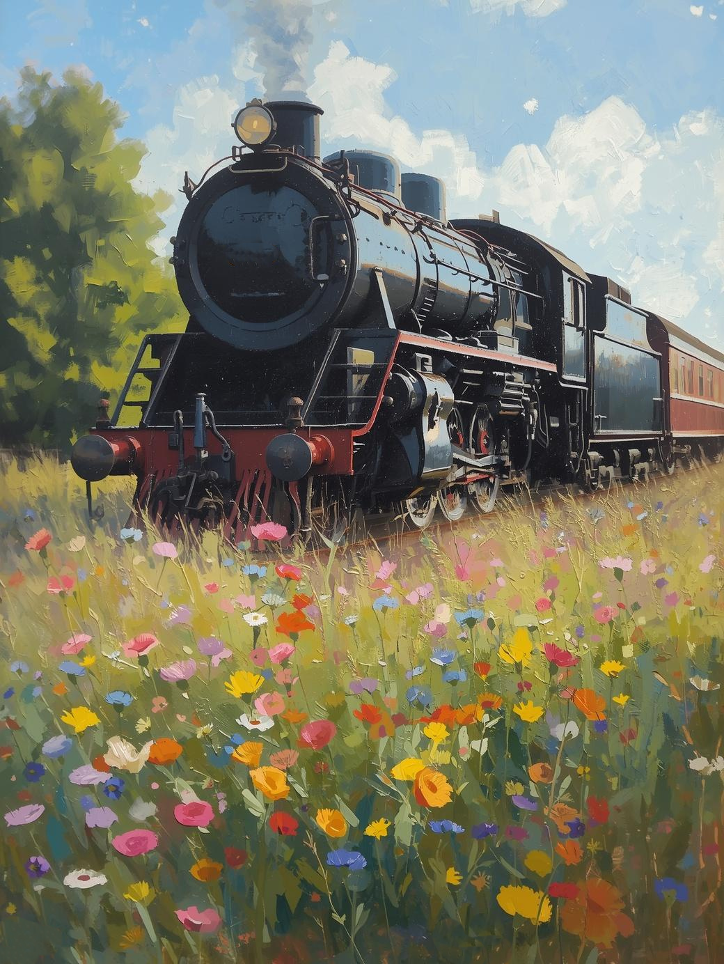 Paint by Number Steam Train Rolling Through Vibrant Wildflower Fields – Colorful Nature Paint by Number Canvas Kit