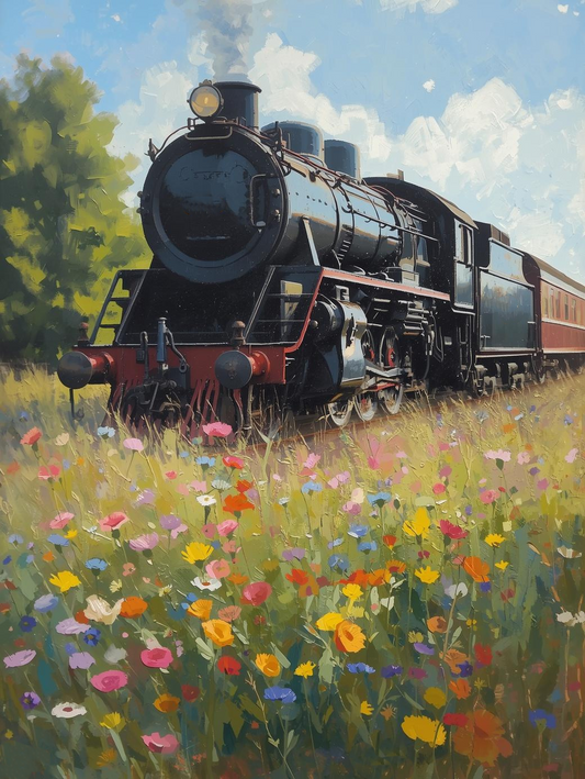 Paint by Number Steam Train Rolling Through Vibrant Wildflower Fields – Colorful Nature Paint by Number Canvas Kit