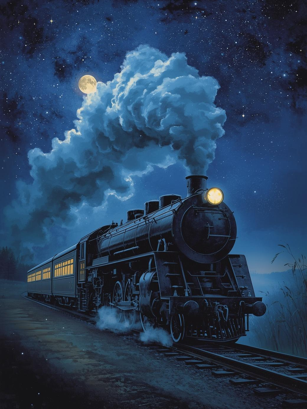 Paint by Number Legendary Steam Train Under Starry Skies – Night Sky P ...