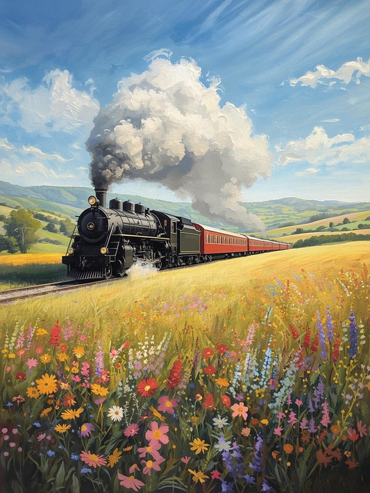 Paint by Number Vintage Locomotive Surrounded by Colorful Blooming Meadows – Vibrant Spring DIY Paint Kit for Adults