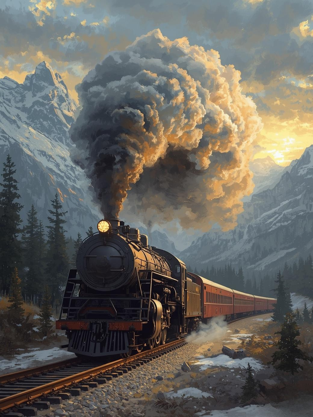 Paint by Number Timeless Locomotive on Glittering Frosty Tracks – Sparkling Winter Paint by Number Canvas Kit