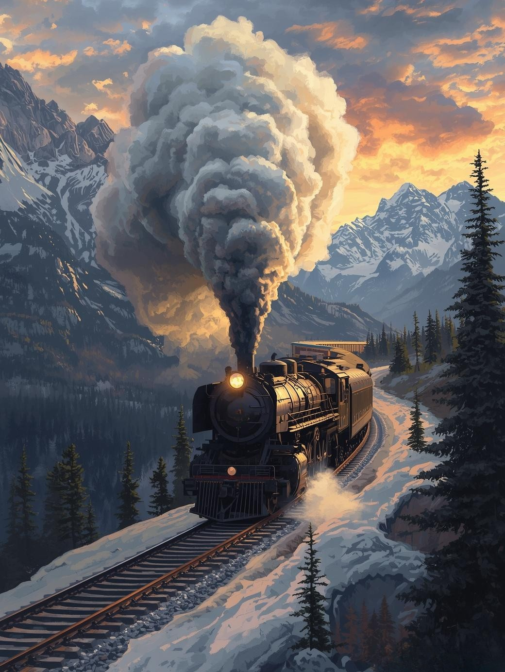 Paint by Number Legendary Locomotive Through a Frost-Kissed Landscape – Winter Scene Canvas DIY Kit for Adults