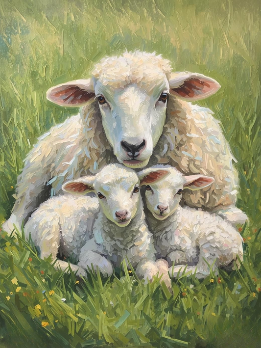 Paint By Number Mother Lamb with Baby Lambs in Field – Canvas Paint by Number Kit