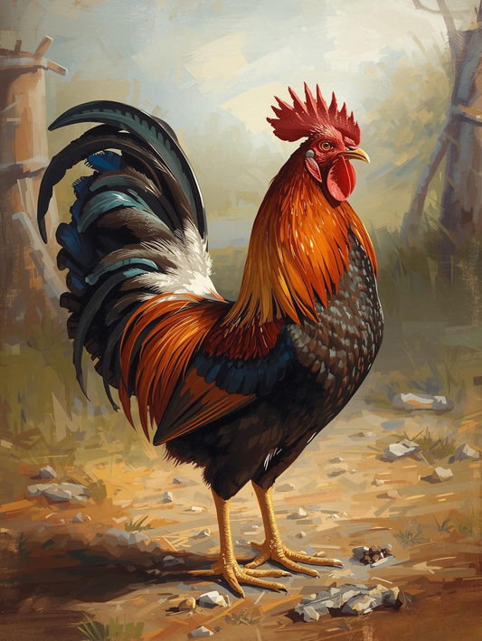 Paint By Number Vibrant Rooster in Farmyard Scene – Canvas Paint by Number Kit