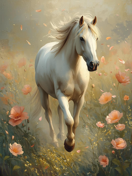 Paint By Number White Horse Standing in Sunlit Field – Rustic Paint by Number Kit for Adults