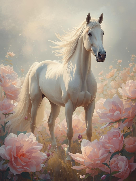 Paint By Number Classic White Horse in Country Field – DIY Paint by Number Kit for Adults