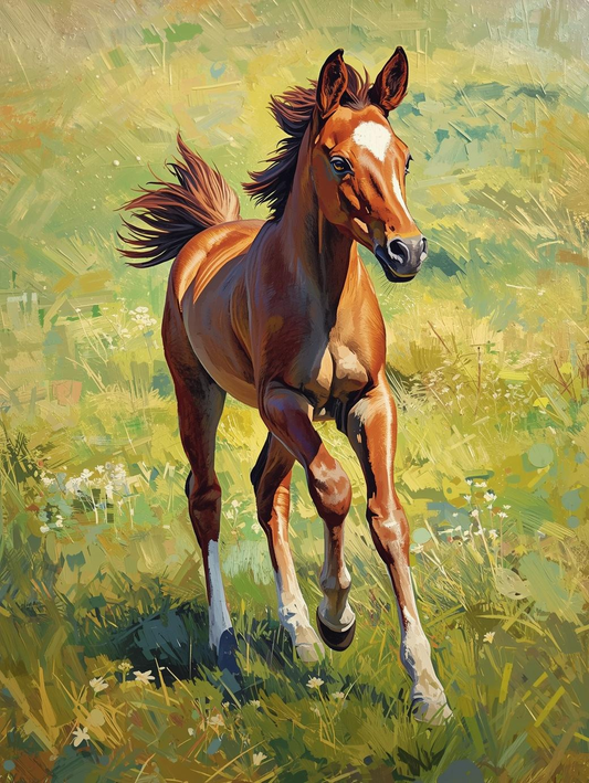 Paint By Number Chestnut Foal in Farm Setting – Cozy Paint by Number Kit for Adults