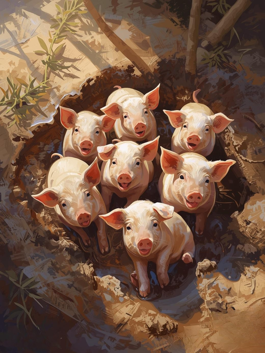 Paint By Number Piglets Snuggled Together in Farm Scene – DIY Paint by Number Kit