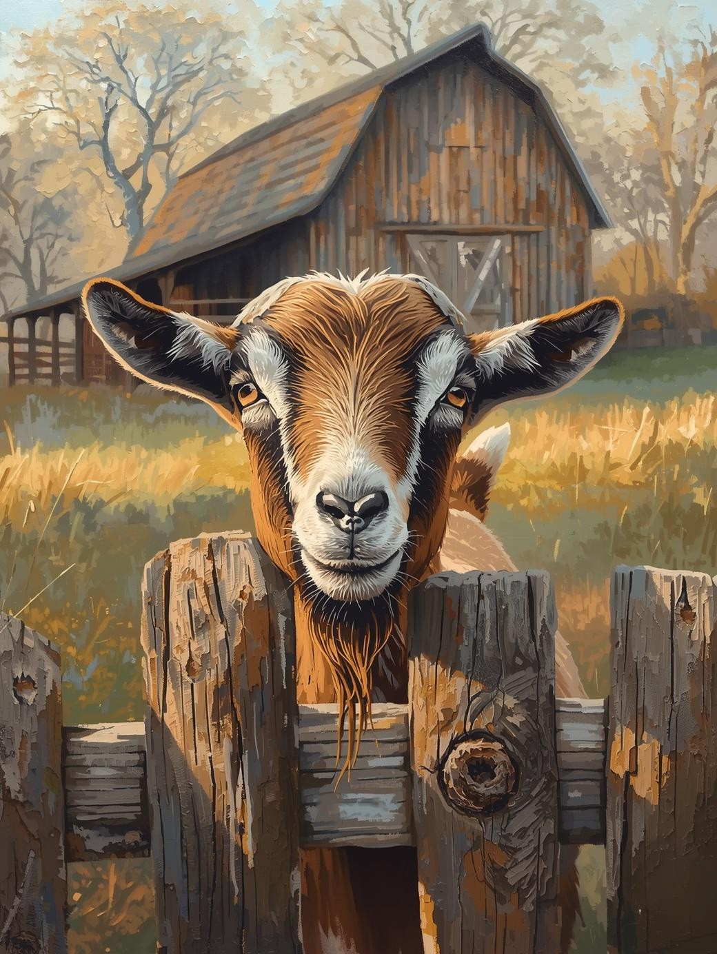 Paint By Number Goat Looking Over Wooden Fence – Rustic Paint by Number Kit for Adults