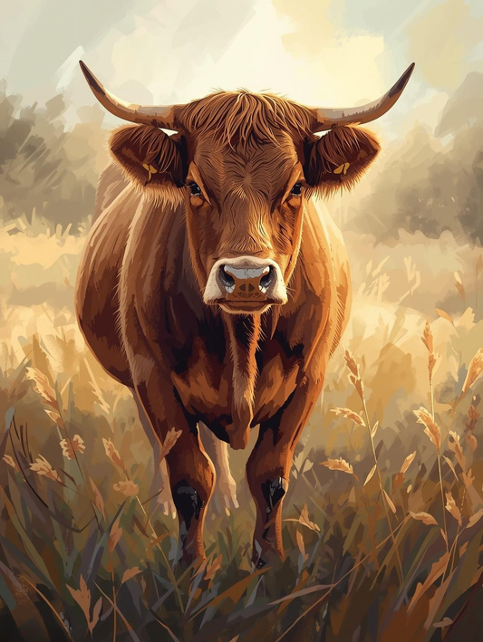 Paint By Number Cow Standing in Open Meadow Field – Cozy Paint by Number Kit for Adults