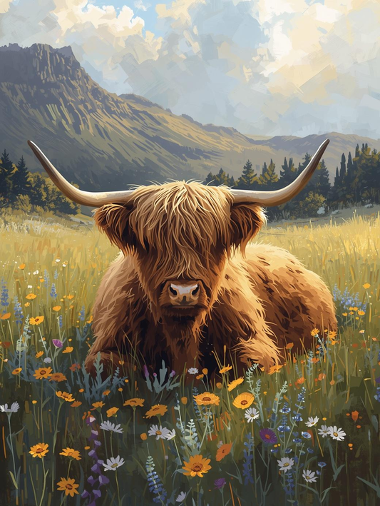 Paint By Number Highland Cow Sitting in Flower Field – Rustic Paint by Number Kit for Adults