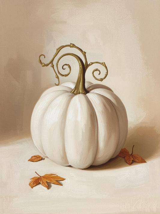 Paint by Number Elegant White Pumpkin with Green Leaves – Farmhouse Canvas Paint by Number Kit