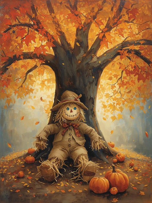 Paint by Number Scarecrow Under Autumn Tree – Cozy Fall Paint by Number Kit for Adults