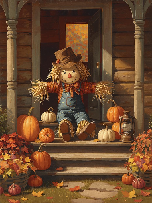 Paint by Number Adorable Porch Scarecrow Scene – Cozy Canvas Paint by Number Kit