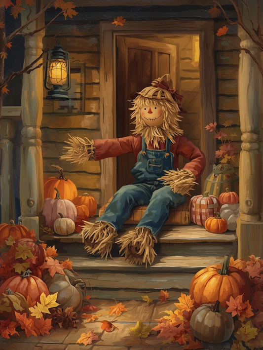 Paint by Number Sweet Scarecrow on Wooden Porch – Cute DIY Paint by Number Kit for Adults