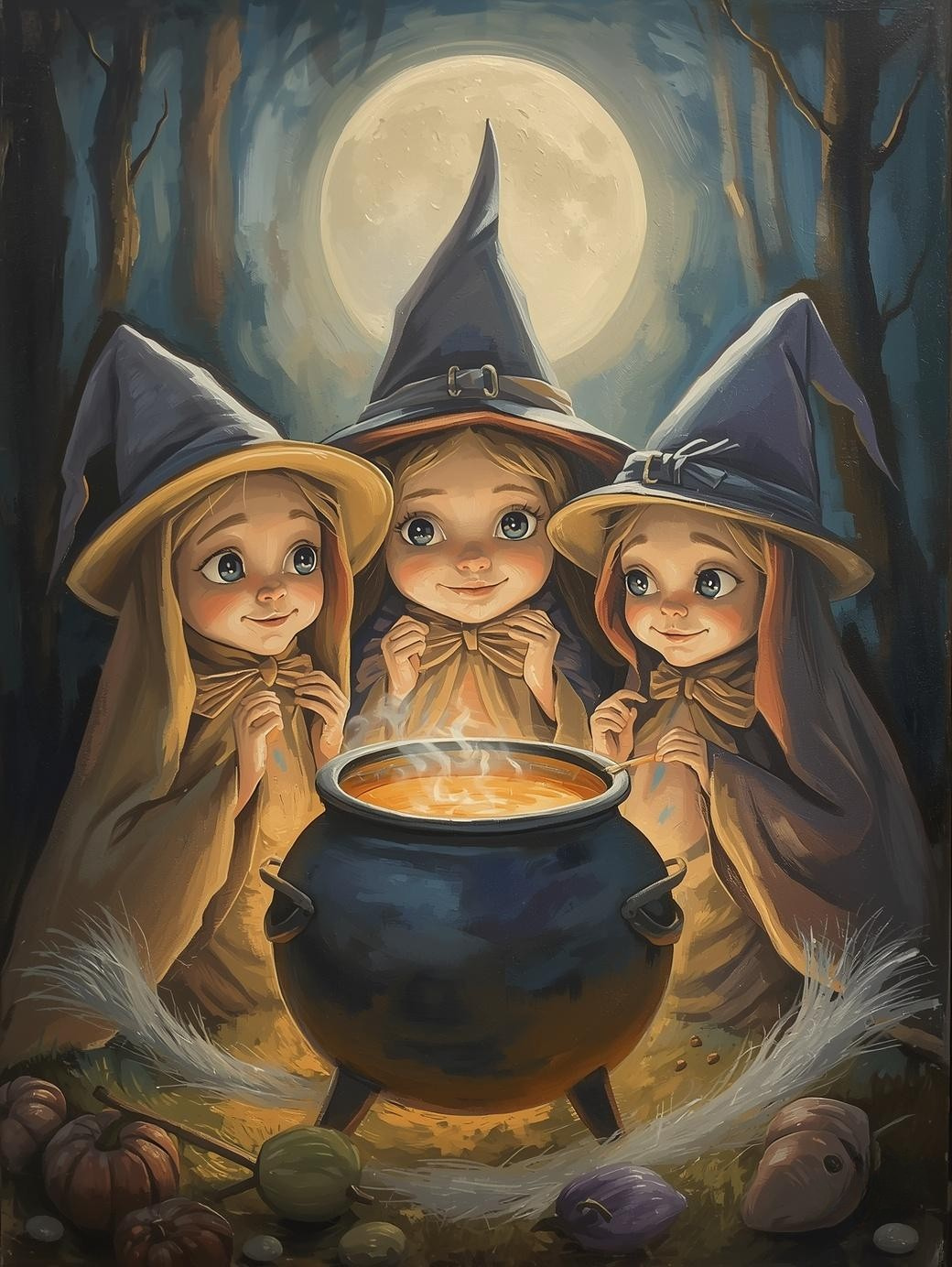 Paint by Number Friendly Witches Around Cauldron – Cute Halloween Paint by Number Kit for Adults