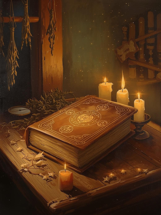 Paint by Number Enchanted Spell Book Scene – Cozy Candlelit Paint by Number Kit