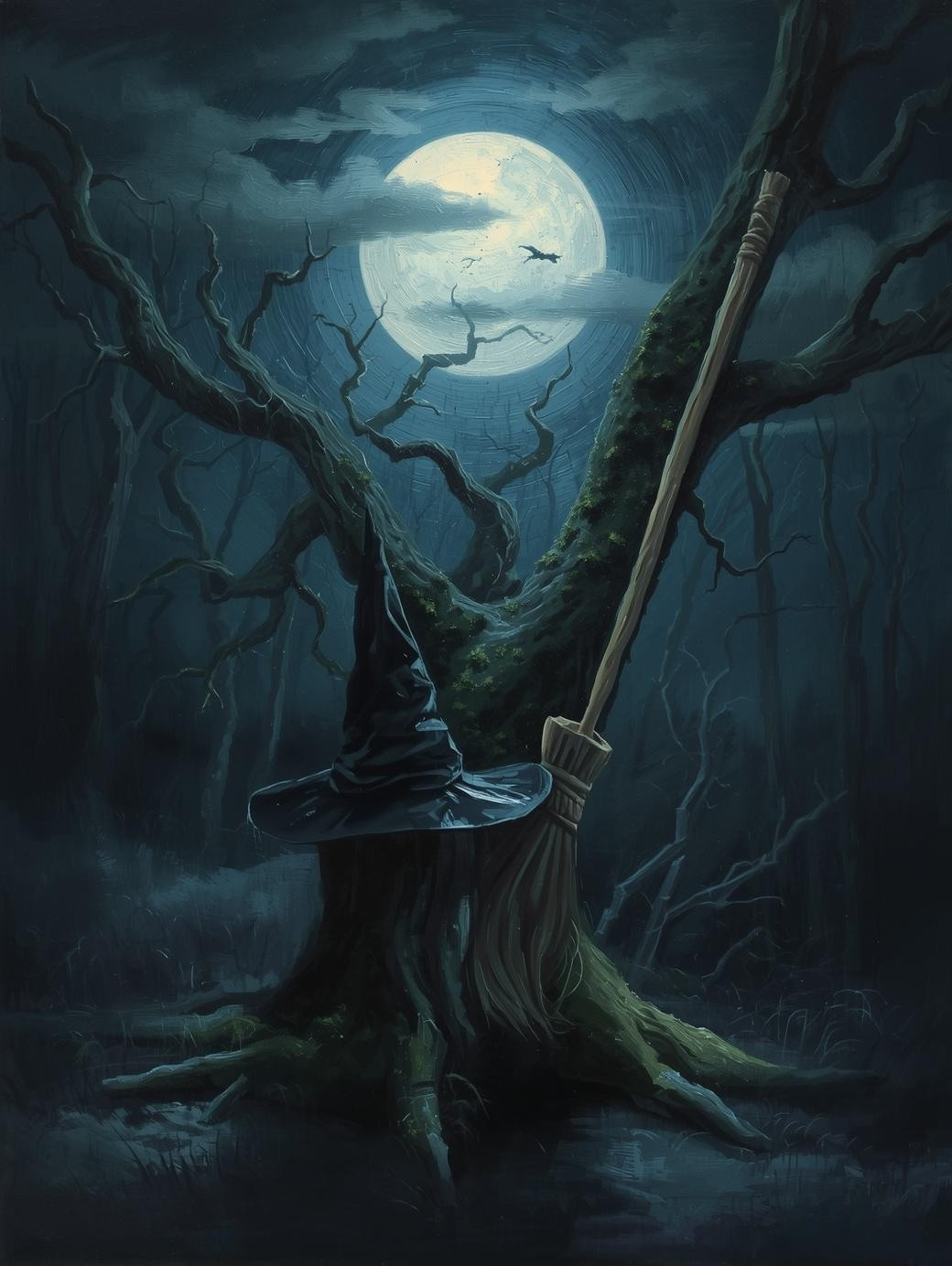 Paint by Number Witch Hat with Broom in Forest – Magical Paint by Number Kit for Adults